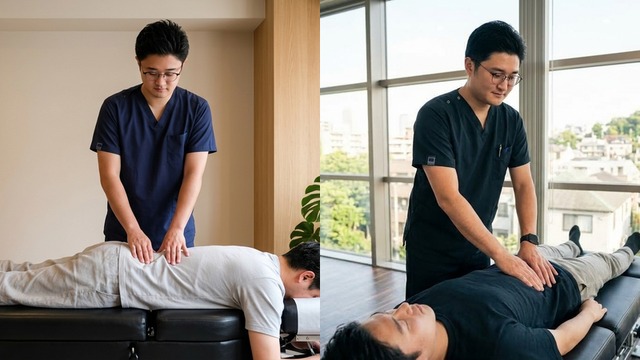腰だけを揉む対症療法と、身体の前側の緊張を解放する身体の仕組みに沿った根本アプローチの比較