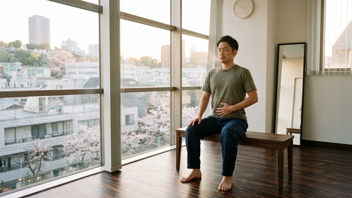 Person sitting calmly by a window with a hand on the lower abdomen, exhaling gently