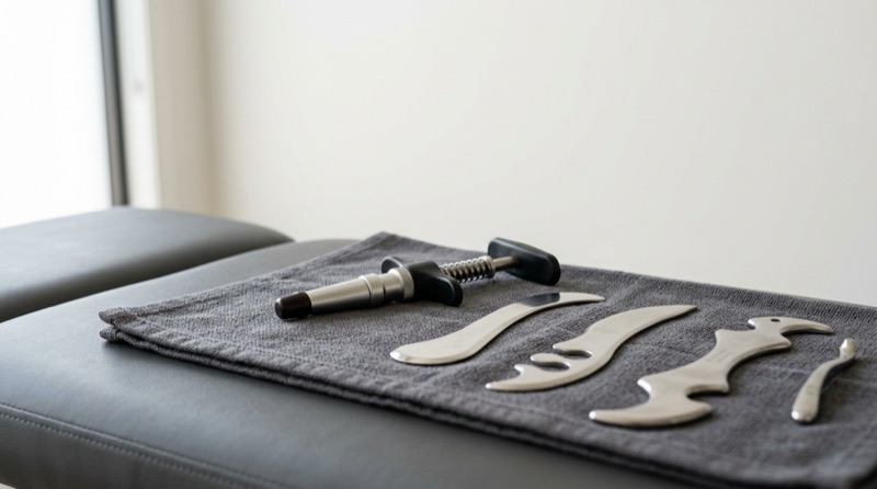 Activator instrument and stainless-steel IASTM tools on a session table