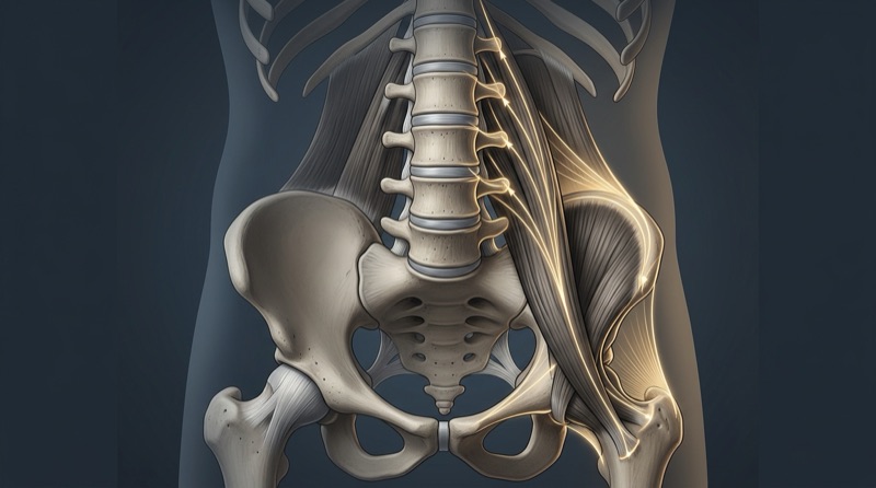Illustration of the lumbar spine, pelvis, and supporting muscles