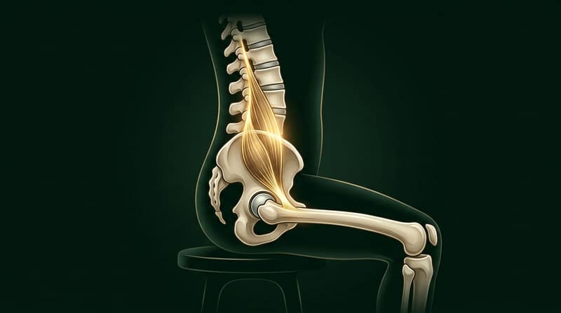 座った姿勢での、腰の骨と骨盤、太ももの骨のイメージ