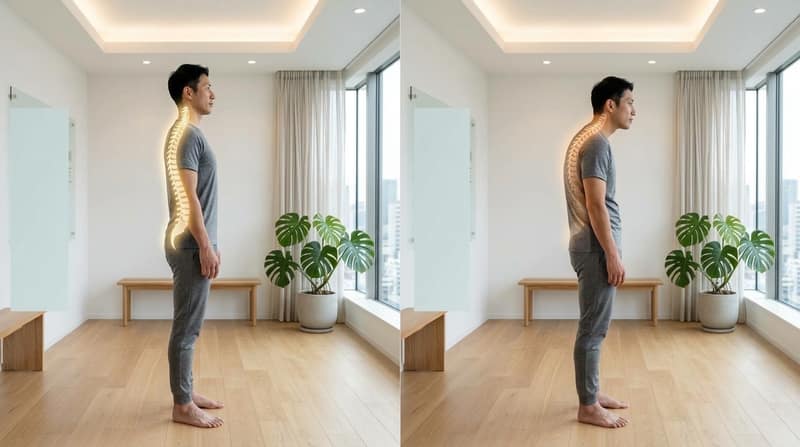 Side-by-side comparison of balanced posture and rounded shoulders
