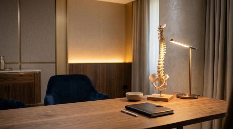 Anatomical spine model on a desk