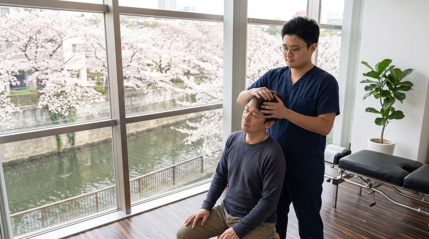 Practitioner gently checking neck range of motion for a seated client