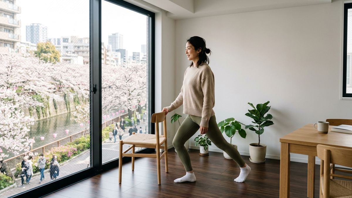 椅子の背に手を添えて股関節の前を伸ばすストレッチ