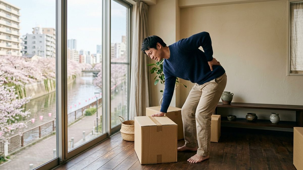 Man holding his lower back while reaching to lift a box