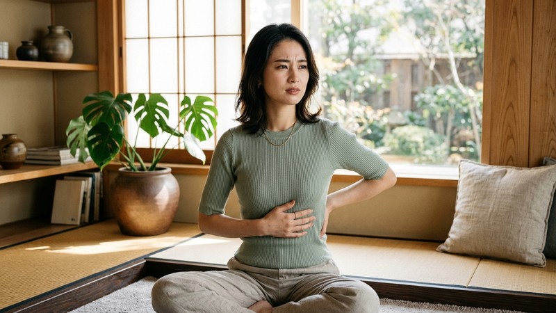 明るい部屋で、背すじを伸ばして座り、呼吸を整えている女性