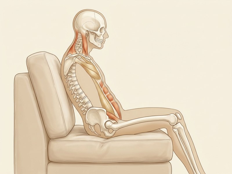 Diagram showing fascial pull from the front of the hips to the neck when sinking into a sofa