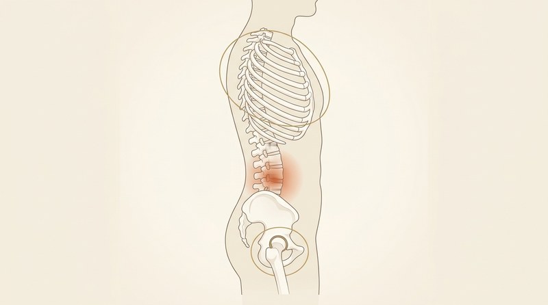 Diagram showing how stiff hips and upper back concentrate mechanical load on the L5 vertebra