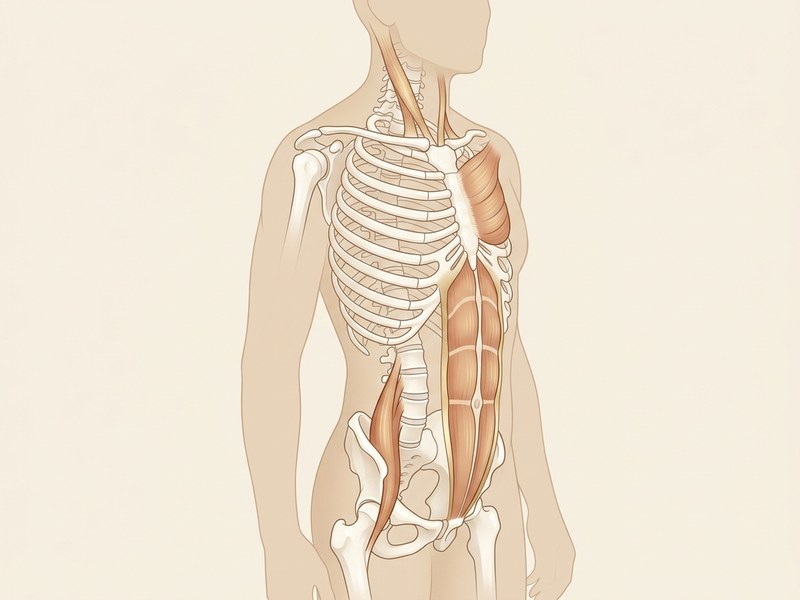 Anatomical illustration of the front fascial line from the neck and chest to the abdomen and hips