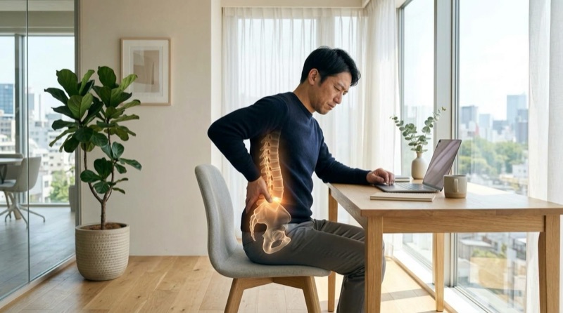 Illustration of lumbar strain from prolonged sitting