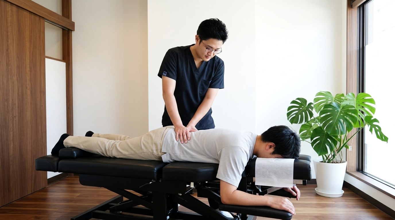 Practitioner gently releasing back fascia